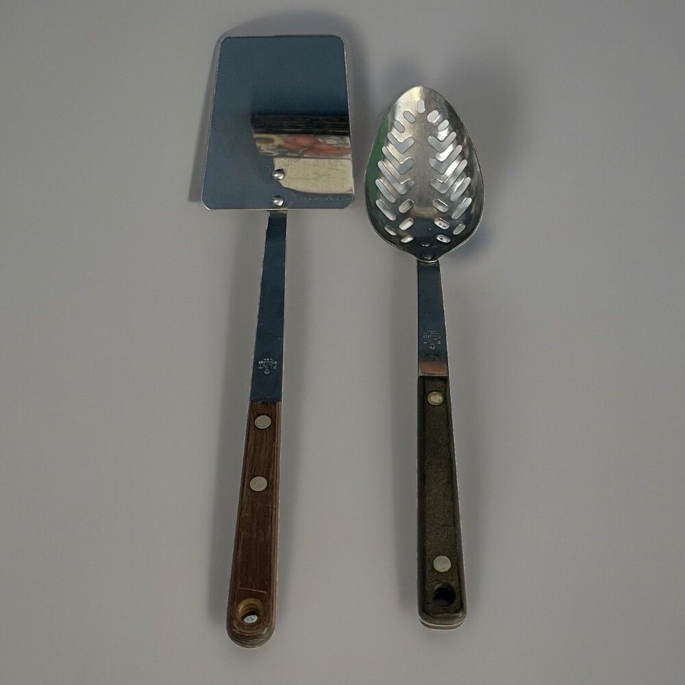 VTG Flint Arrowhead Set Spatula & Slotted Spoon S.S. Long Wooden Handles